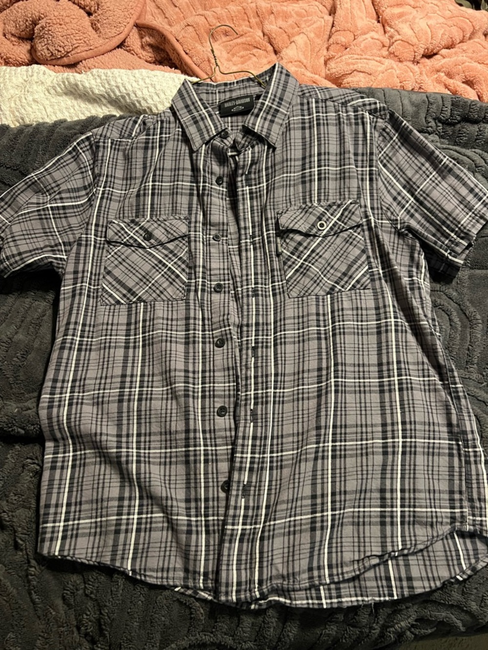 Harley-Davidson Black and Gray Plaid Short-Sleeve Button-Down Shirt